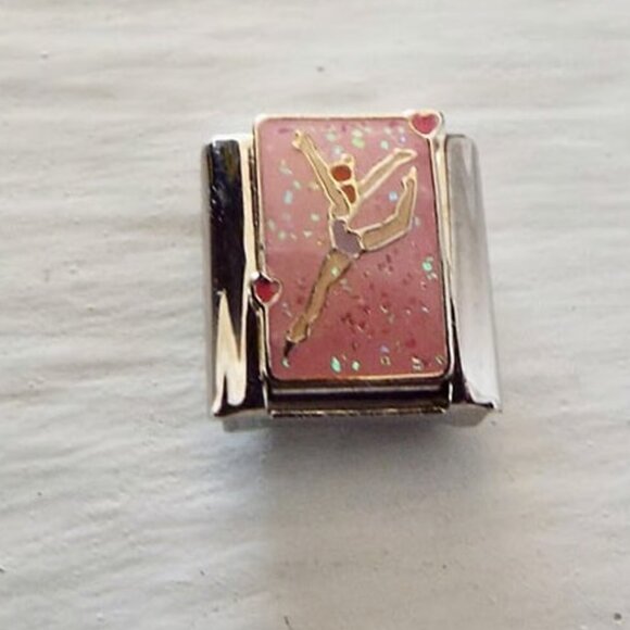 Gymnast on sparkly pink enamel 9mm stainless steel italian charm link new - Picture 1 of 2